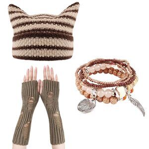 4529 Brown Caps Hats, Women's Fingerless Glovess, Boho Beed